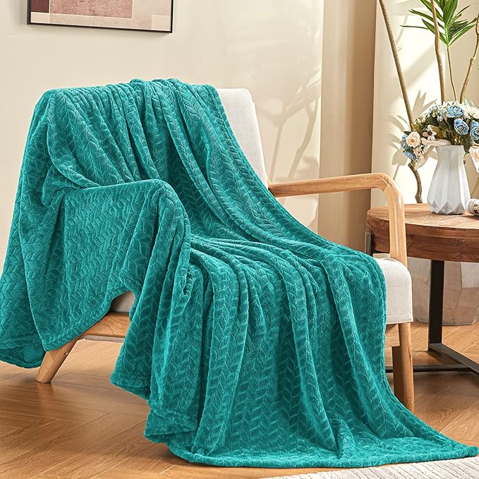 inhand Teal Fleece Twin Blanket, Super Soft Flannel Cozy Blankets for Adults, Lightweight Leaves Pattern Fuzzy Blanket for Couch Sofa Bed Office, Warm Plush Blankets for All Season, 60x90 Inches