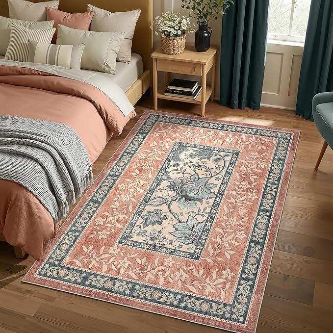 GarveeHome Terracotta Teal Washable 6x9 Area Rugs, Botanical Grove Vintage Cottagecore Non-Slip Rug for Living Room Bedroom Nursery Kitchen Low-Pile Retro Large Carpet