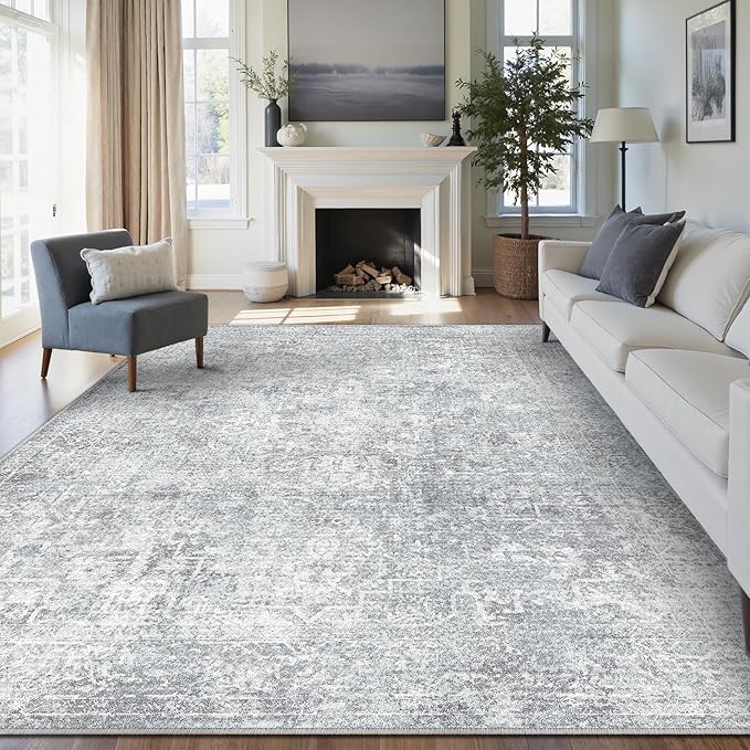 PureCozy 9x12 Area Rug Washable Vintage Living Room Carpet Large Indoor Non Slip Grey Bedroom Distressed Low Pile Retro Accent Throw Rug for Dining Room