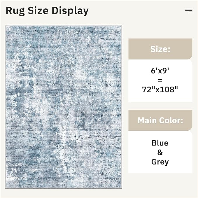 Area Rug 6x9 Abstract Rugs for Living Room 6 x 9 Washable Rugs Blue Non Slip Low Pile Rugs for Bedroom Dining Room Foldable Thin