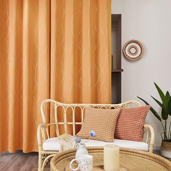 Deconovo Blackout Curtains for Home Decoration, 72 Inch Length - Energy Saving Curtains, Heat Blocking Curtains, Wave Lines with Dots Pattern(42 x 72 Inch, Orange Flame, 2 Panels)
