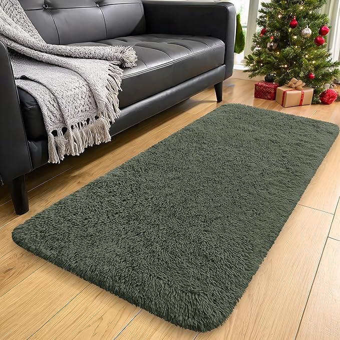 OLANLY 2x4 Machine Washable Runner Rugs for Hallway, Soft Fluffy Shaggy Bedside Rugs for Bedroom, Living Room, Indoor Floor Carpet for Kids Girls and Boys, Home Decor Aesthetic, Olive Green