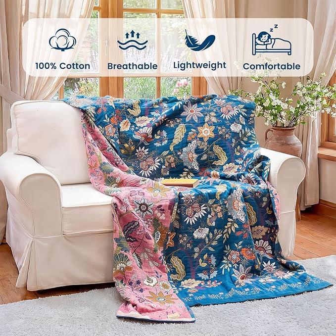 MSGKV Boho Throw Blanket for Bed 60"x80" 100% Cotton Twin Floral Blanket Spring Breathable Lightweigh Muslin Home Decorative Blankets for Couch