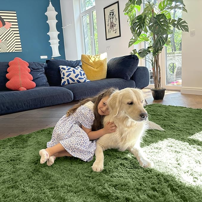 OLANLY 5x7 Machine Washable Large Area Rugs for Living Room, Bedroom, Soft Fluffy Shaggy Bedside Rug, Indoor Floor Carpet for Kids Girls and Boys, Dorms, Nursery, Home Decor Aesthetic, Green