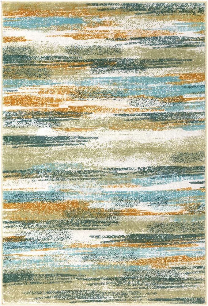 Lansny Modern Abstract 9x12 Large Machine Washable Living Room Rug Non-Slip Soft Bedroom Area Rug Green Mustard Multi Ultra Thin Print Faux Wool Carpet Throw Rugs for Playroom Dining Room Indoor