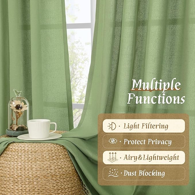 LAMIT Faux Linen Curtains 63 inches Long for Bedroom, Rod Pocket Thick Linen Drapes Light Filtering Privacy Window Spring Decor Curtains for Living Room, 2 Panels (52 x 63 Inch, Green)