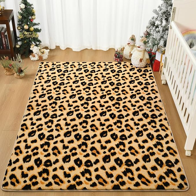 Amearea Soft Leopard Rugs for Bedroom Living Room, 3x5 Modern Cheetah Print Thickened Memory Foam Rug, Fluffy Indoor Washable Animal Rug Carpet for Kids Boys Girls Dorm Nursery Room Home Decor, Khaki