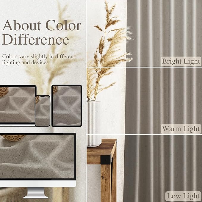 Nanspring Grey Beige Linen Curtains 84 Inches Long for Living Room Light Filtering Semi Sheer Curtain Back Tab Simple Modern Elegant Neutral Luxury Boho Gray Drapes for Bedroom 52x84, 2 Panels
