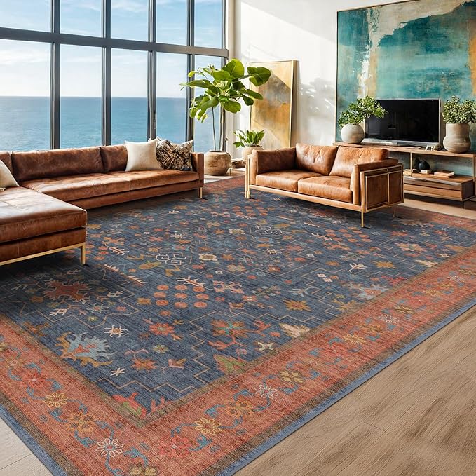 Hazo Haus Washable Navy Blue Living Room Rug, 7x10 Area Rug for Bedroom, Dining Table Rugs - Low Pile Non-Slip Rubber Backing Stain Resistant Rug - Aethestic Boho Home Decor