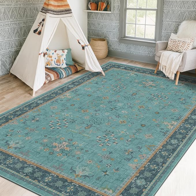 Washable 5x8 Teal Rug for Living Room, Boho Area Rugs for Bedroom Under Bed, Modern Floral Low-Pile Non Skid Carpet for Dining Room Under Table, Stain Resistant Vintage Home Décor