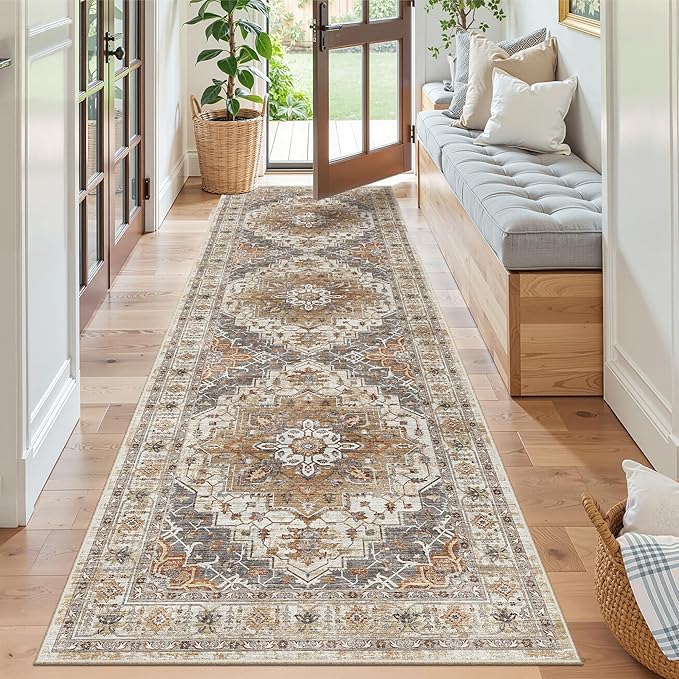 Madane Runner Rug 2'6''x8' Kitchen Runner, Hallway Runner Printed Vintage Washable Rugs Soft Non-Slip Low Pile 2.5x8 ft Runners for Hallways Laundry Room Rug Distressed Rug, Turmeric/Grey