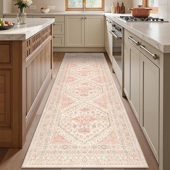 Runner Rug 2x8 Runners for Hallways Non Slip Washable, Vintage Hallway Runner Rugs for Living Room, Low Pile Soft Hallway Rug for Kitchen Bedroom Laundry Room Rug(Pink,2'x8')