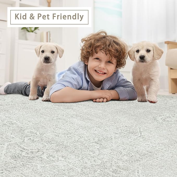 Washable Rugs 8x10 Area Rugs for Living Room,Bedroom,Dining Room- Large Ultra Soft Faux Wool Retro Carpets,Non Slip&Non-Shedding Low Pile Vintage Carpet for Home Office,Concrete Grey