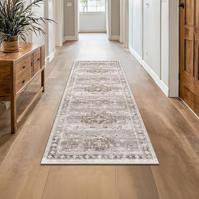 Hazo Haus Boho Long Bathroom Runner Rug 24 x 72 Washable Non Slip - Soft Stain Reistant Rugs for Kitchen, Laundry Room, Hallway Runner - Neutral Floral Design Décor (2x6 Beige/Latte)
