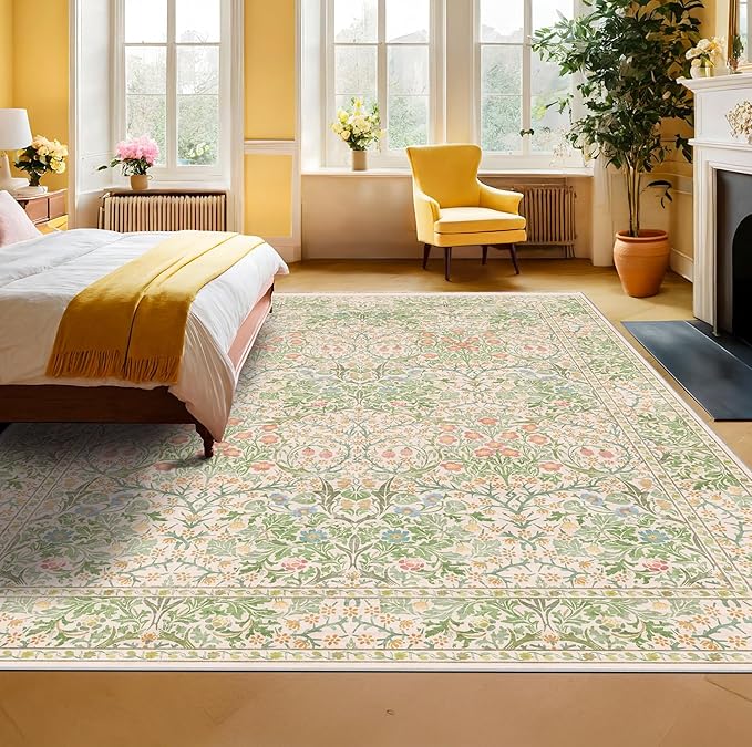 Hazo Haus Light Beige Green Floral Living Room Rug, 7x9 Washable Area Rug for Kids Room, Bedroom, Nursery Room, Living Room, Dining Room, Low Pile Non-Slip - Vintage Design & Stain Resistance