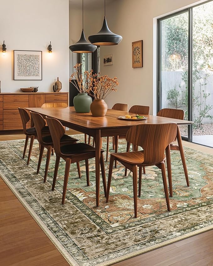 Area Rugs 8'x10' Washable Non-Slip, Floral Vintage Distress Print Pattern Medallion Carpet for Living Room Bedroom Dining Room, Brick Red Rust Neutral Brown Burnt Orange Green