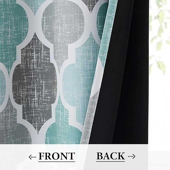 Beauoop 100% Blackout Curtains 72 Inches Long 2 Panels for Bedroom Living Room Aqua Grey Moroccan Geo Room Darkening Thermal Insulated Soundproof Grommet Top Window Treatments Drapes, 50x72 Set of 2