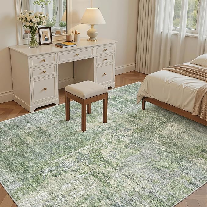 Abstract Rug 5x7 Machine Washable Area Indoor Green Low Pile Non-Slip Foldable Thin Accent Rugs for Bedroom Living Room Dining Room