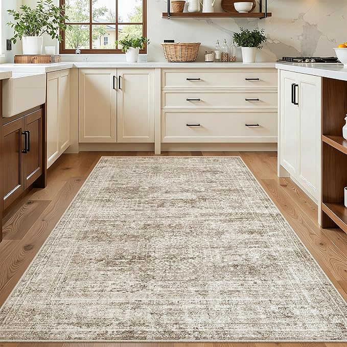 3x5 Rug, Small Area for Kitchen, Entryway, Machine Washable Non-Slip Throw Rug, Vintage Carpet for Nursery Coffee Table Brown