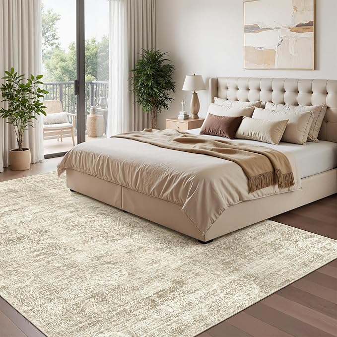 Madane 6x9 Area Rugs for Living Room, Machine Washable Vintage Beige Rug with Non-Slip Backing, Soft Throw Rugs, Thin Stain Resistant Carpet for Bedroom Dining Room Farmhouse Home Office