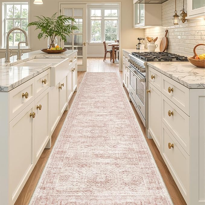 Long Bathroom Rugs Runner - Washable Runner Rugs for Hallway 2x10, Ultra-Thin Soft Kitchen Carpet Runner, Anti Slip Backing Runner Rugs for Entrance, Bedroom, Living Room(2'x10', Pink/Ivory)