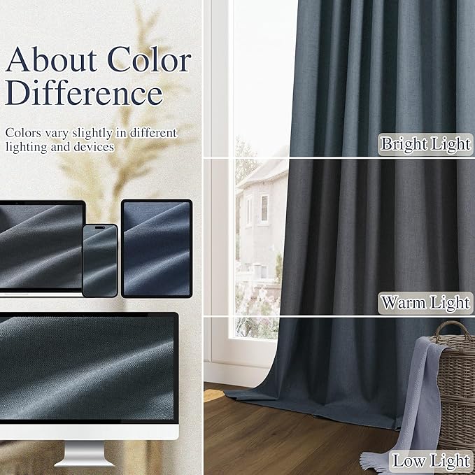 Guken 100% Blackout Linen Curtains 120 Inch Length 2 Panels Set for Living Room Bedroom Back Tab Thermal Insulated Black Out Linen Drapes Room Darkening Window Curtains,Vintage Blue