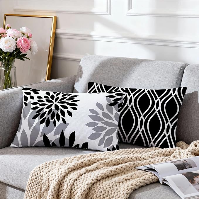 Hexagram Geometric Black Pillow Covers 12x20 Set of 4, Decorative Outdoor Boho Modern Throw Pillow Covers, Home Sweet Home Farmhouse Cushion Case for Couch Sofa Bedroom Indoor Decor(No Insert)