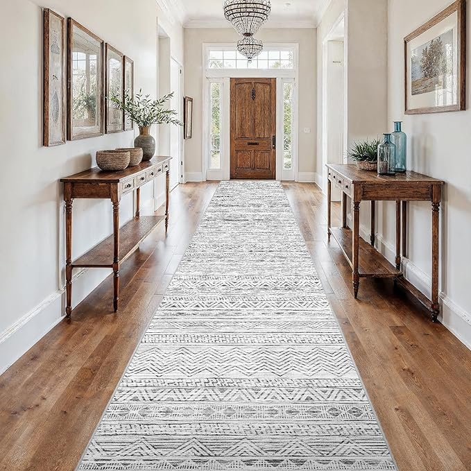 3x18 Washable Kitchen Runner Rug: Modern Moroccan Runners for Hallway Soft Non Slip Rugs with Rubber Backing Low Pile Thin Waterproof Floor Carpet for Entryway Bedroom Bathroom Indoor 3x18 Grey