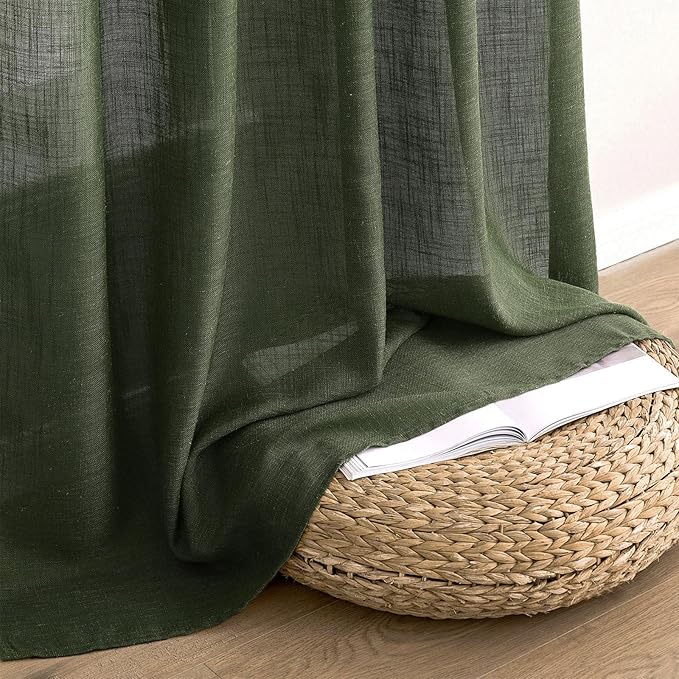 MIULEE Olive Green Linen Curtains 90 Inch Length 2 Panels for Bedroom Living Room, Soft Thick Linen Textured Window Drapes Semi Sheer Light Filtering Back Tab Rod Pocket Burlap Look Decor, W37xL90