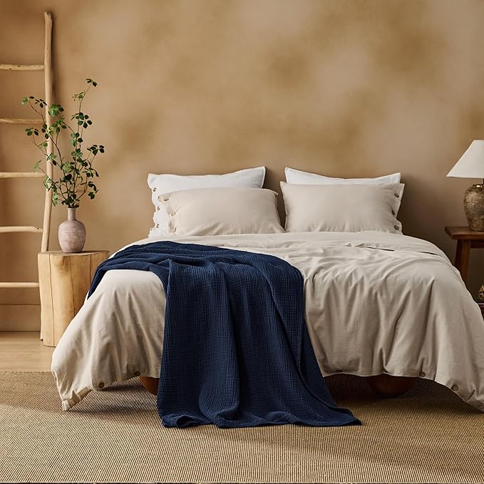 Bedsure 100% Cotton Muslin Throw Blanket Twin XL for Bed - 4-Layer Breathable and Lightweight Thin Soft Summer Gauze Muslin Blankets for Adults, Navy Blue, 66x90 Inches