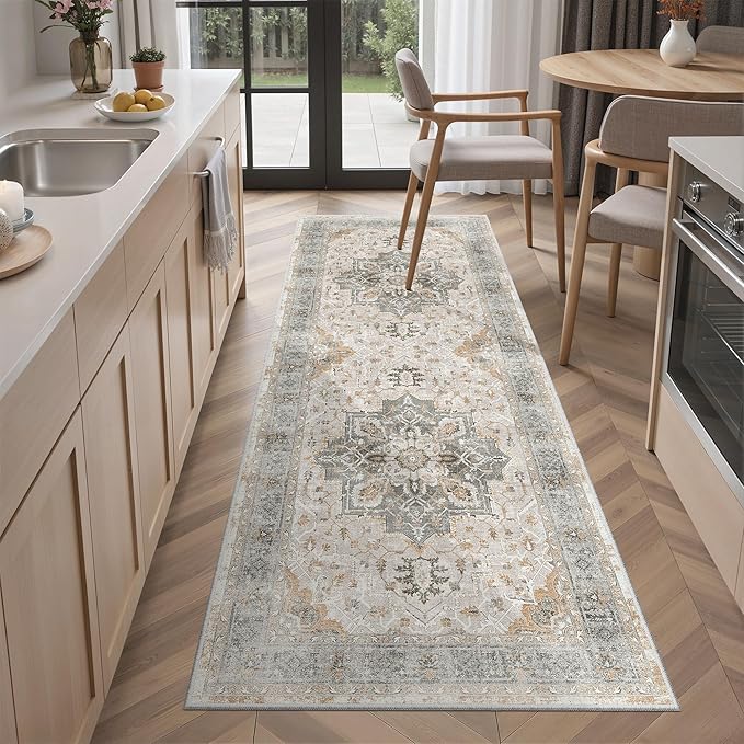 Madane Washable Runner Rug - 2x6 Rug Runners for Hallways 6 Foot Non Slip Vintage Kitchen Runner Rug Ultra-Thin Bathroom Runner Rugs Carpet Laundry Room Bedroom (2x6ft, Light Taupe Brown)