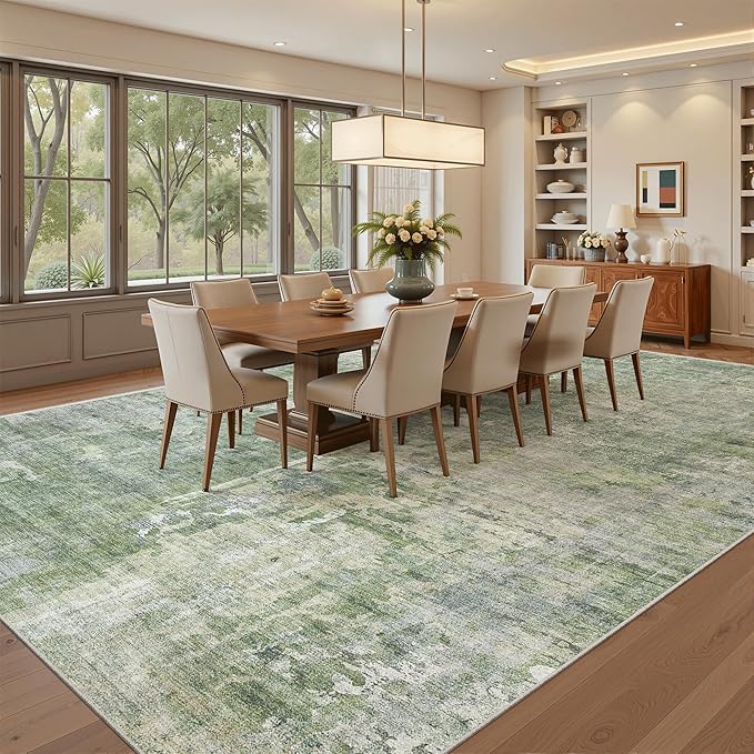Area Rug 10x12 Vintage Washable Living Room Large Carpet Non Slip Bedroom Indoor Office Dining Room Low Pile Thin Rug Green/Ivory