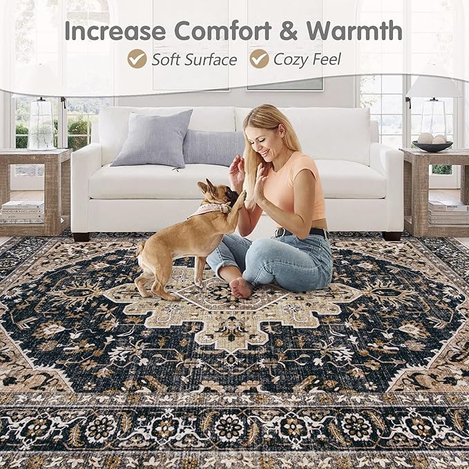 Area Rugs 6x9 Vintage Rug: Washable Living Room Rug Retro Medallion Distressed Large Soft Low Pile Non-Slip Indoor Floor Carpet for Bedroom Kitchen Nursery Dining Table Office (BeigeBlack, 6'x9')