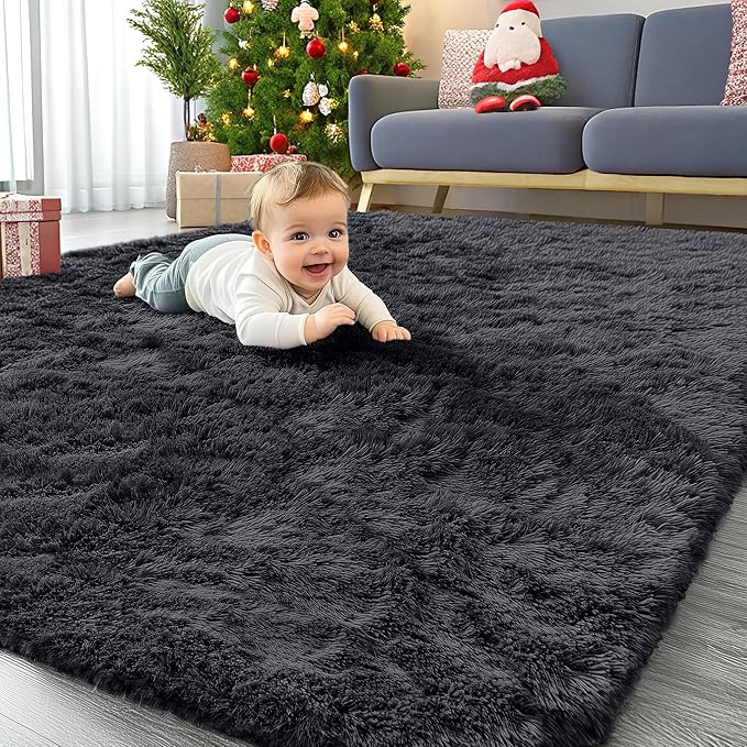 OLANLY 4x12 Area Rugs for Living Room Bedroom, Machine Washable Soft Fluffy Shaggy Bedside Rug, Indoor Floor Carpet for Kids Girls and Boys, Dorms, Nursery Rooms, Home Decor Aesthetic, Black
