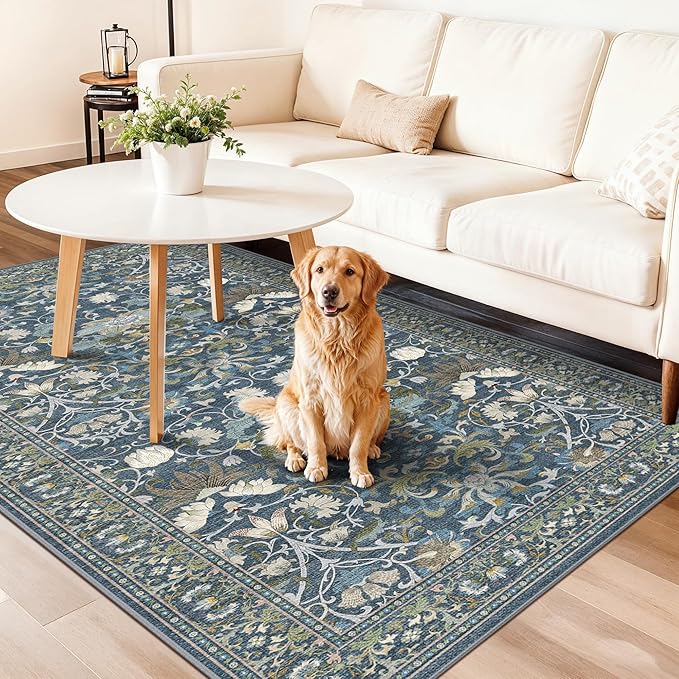 4x8 Washable Kitchen Area Rug: Farmhouse Stain-Resistant Elegant Floral Rug for Living Room Bedroom Wide Soft Carpet for Entryway Bathroom Thin Hallway Floor Mat with Non Slip Backing(4x8,Floral/Blue)