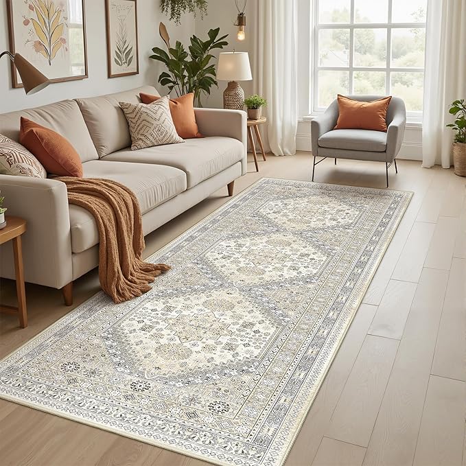 3x10 Runner Rug Non Slip Washable for Entryway, Front Porch, Vintage Hallway Runner for Laundry Room, Bedroom, Stain Resistant Thin Indoor Kitchen Mats for Floor(Beige,3'x10')