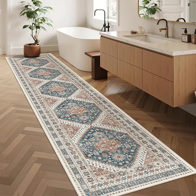 Madane Hallway Runner Rug 2x12, Extra Long Washable Runner Rugs with Rubber Backing, Non Slip Carpet Runner for Hallway, Vintage Rug Runners for Kitchen Laundry Room Entryway (Navy Blue, 2'x12')
