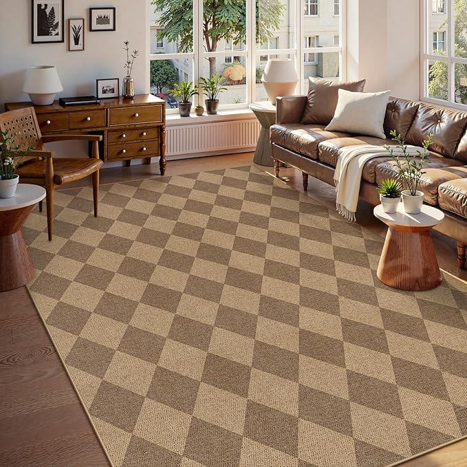 Lahome Colette Checkered Easy Jute Rug 8x10, Washable Rugs for Living Room Dining Room Farmhouse Indoor Outdoor Mat, Neutral Checkerboard Non Slip Black Carpet for Office Backyard Patio