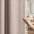 Taupe Boho Blackout Curtains 2 Panels 84 Inch for Living Room Bedroom, Blush Beige Warm Linen Texture Farmhouse Curtains with Tassels and White Cotton Embroidery Vintage Rustic Country Western