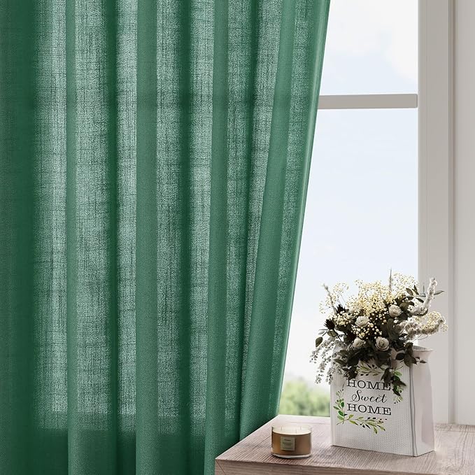 Nanspring Dark Green Linen Curtains 96 Inches Long 2 Panels Set for Living Room Rod Pocket Back Tab Semi Sheer Light Filtering Protect Privacy Emerald Green Curtain for Bedroom Floor Length 52x96