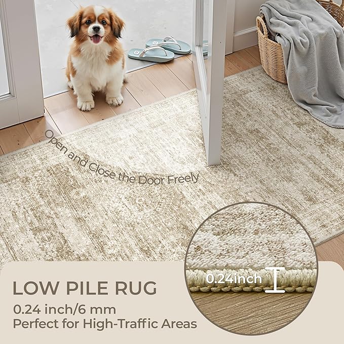 3x8 Runner Rug Non Slip Washable for Entryway, Vintage Hallway Runner for Front Porch, Laundry Room, Bedroom, Abstract Stain Resistant Thin Indoor Kitchen Mats for Floor(3'x8', Brown/Ivory)
