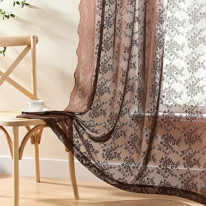 YJ YANJUN Vintage Lace Curtains 96 Inches Long-Victorian Floral Sheer Brown Curtain Panels for Living Room, Elegant Embroidered Style, Neutral Rustic Farmhouse & Cottagecor Décor 2 Panels W52 X L96