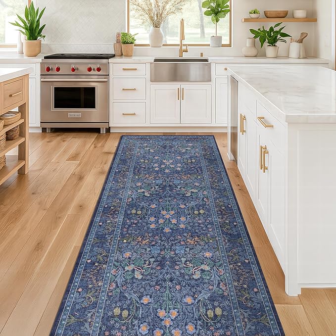 Dark Blue 2'6" x 10' Long Runner Rugs for Hallway, Oriental Floral Washable Non Slip Rug for Kitchen, Entryway Stain Resistant - Vintage Navy Blue Geometric Floral Décor