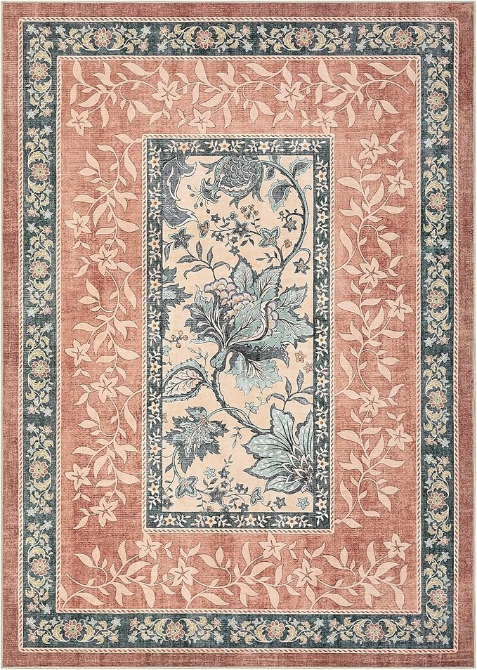 GarveeHome Terracotta Teal 2x3 Door Mat Indoor Rugs for Entryway Provence Small Botanical Grove Cottage core Washable Non-Slip Low-Pile Rug for Bedroom Bathroom Entrance TPE Backing