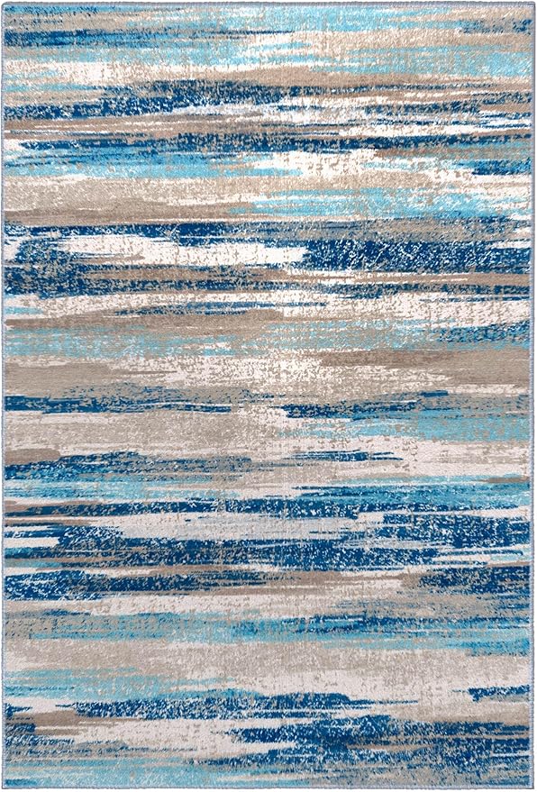 Lansny Modern Abstract 4x6 Living Room Washable Rug Non-Slip Soft Bedroom Area Rug Blue Thin Print Faux Wool Floor Carpet Throw Rugs for Nursery Playroom Dining Room Indoor Office Home Decor
