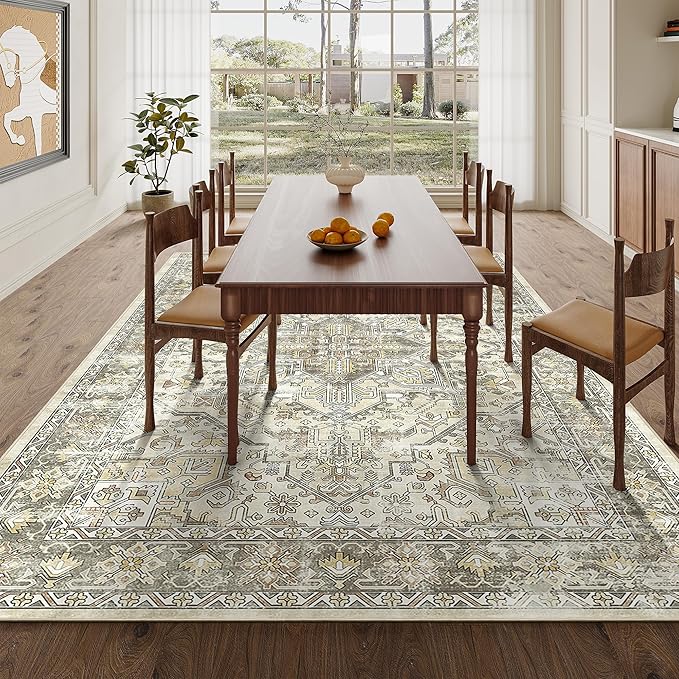 zesthome 5x7 Area Rugs - Ultra-Thin Washble Rug, Stain Resistant Anti Slip Backing Rugs for Living Room,Bedroom, Vintage Home Decor Area Rug (Beige/Brown,5'x7')