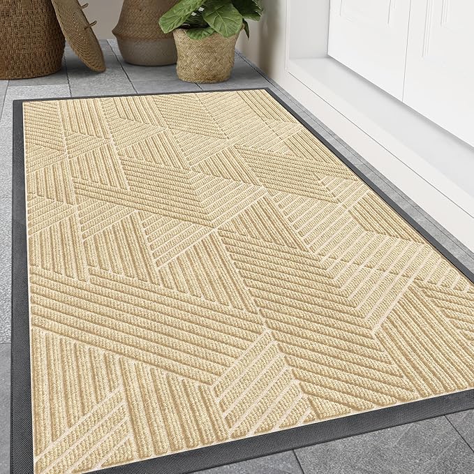 Smiry Front Door Mat Outside Entrance, Heavy Duty Sturdy Natural Rubber Doormat, Trap Dirt and Moisture, Easy Clean Low Profile Welcome Floor Mats for Indoor Outdoor Entry, 59x23 Inch, Beige
