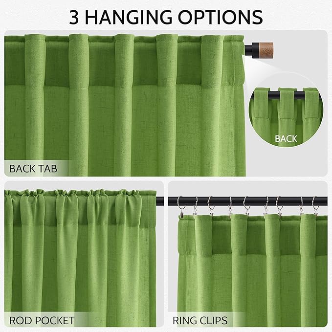Nanspring Lime Green Linen Blend Light Filtering Back Tab Curtains 108 Inches Long, Semi Sheer Privacy Drapes for Living Room & Bedroom, 52x108 inch, 2 Panels
