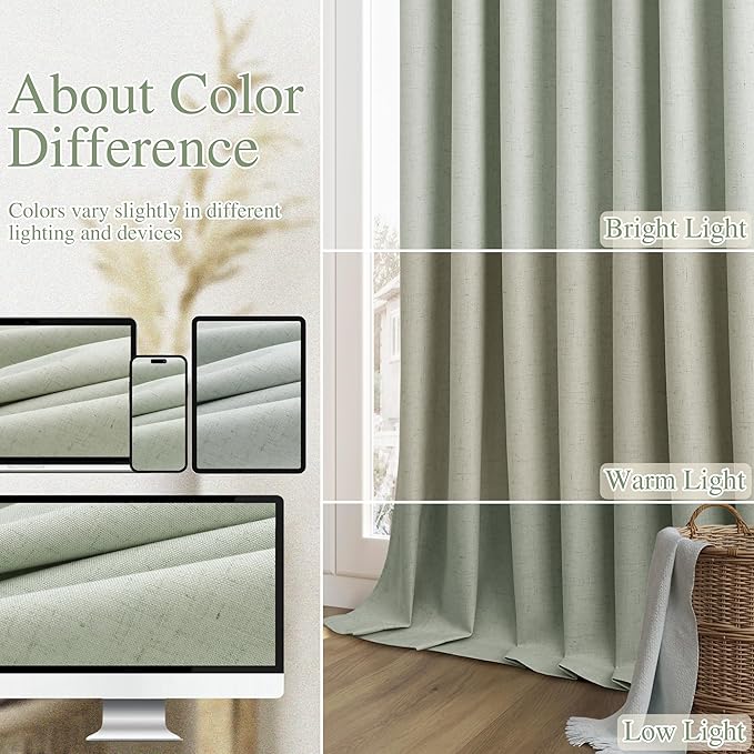 Guken Mist Sage 100% Blackout Linen Curtains 96 Inch Length 2 Panels Set for Living Room Bedroom Back Tab Thermal Insulated Black Out Drapes Room Darkening Farmhouse Style for Bedroom Window Curtains