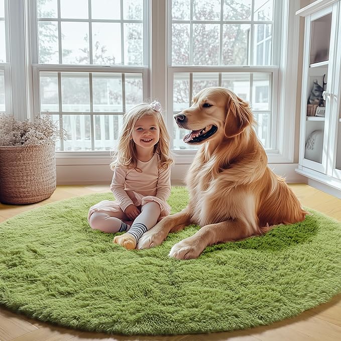 ONASAR Grass Green Round Area Rug 4ft, Soft Bedroom Circle Rugs Floor Mat for Kids Girls Teen Room, Cute Fluffy Plush Shaggy Carpet for Baby Nursery Living Room Playroom Dorm Home Decor